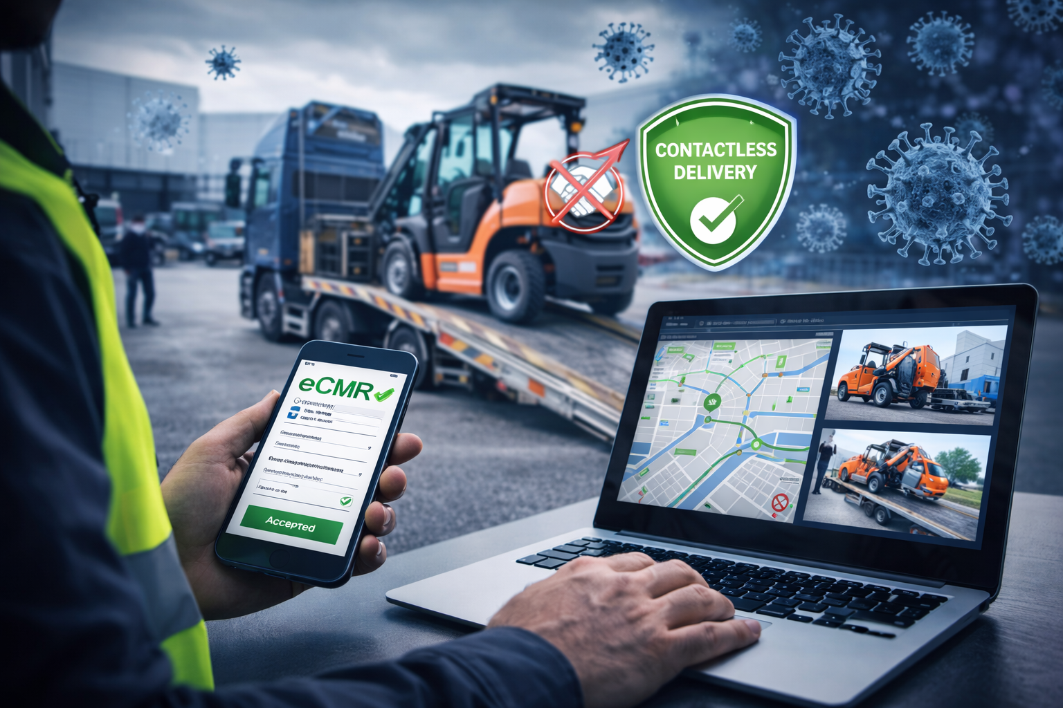 Contactloze levering van zware machines met eCMR en realtime transportopvolging.