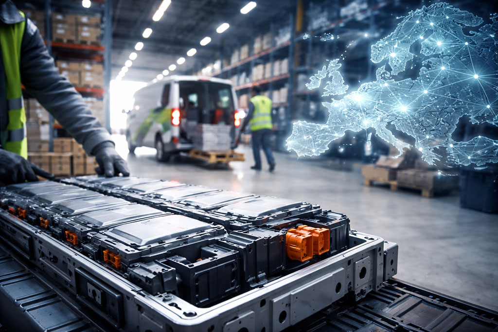 Logistiek proces voor het vervangen en hergebruiken van lithiumbatterijen voor elektrische voertuigen binnen een pan-Europese supply chain.