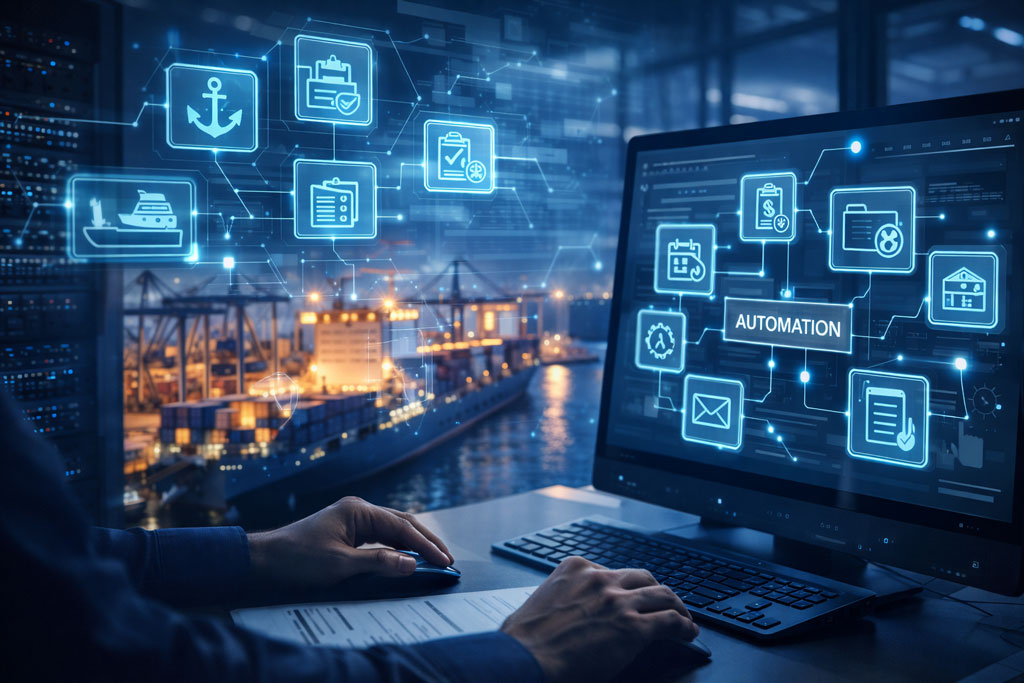 Geautomatiseerde maritieme administratie met IT-oplossingen in een havenomgeving.